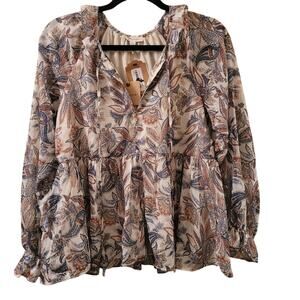 Womens Peasant Balloon Sleeve Top Paisly Print Floral Peplum Blouse Blue Pepper